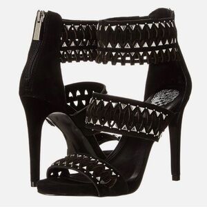 Vince Camuto Black Studded Caged Strappy Stiletto Heels Leather Size 10